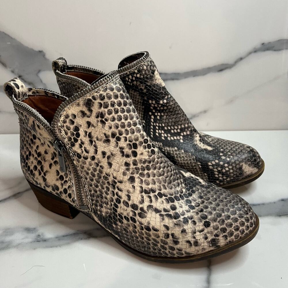 Lucky Brand Women's Black Beige Leather Snakeskin Dual Zip Bartalino Boots Sz 8